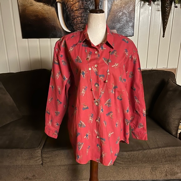 Kyoto Kasuals • Vtg • Large • New • Red • Blouse • Deer/ Bird/ Owl Design - Picture 7 of 15